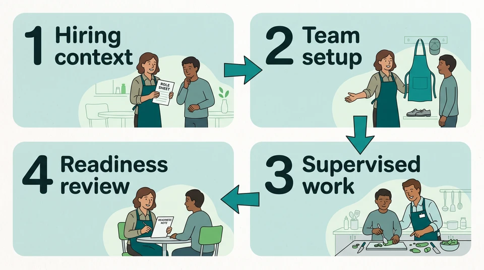 Four numbered panels show a restaurant onboarding route through hiring context, team setup, supervised work and readiness review.