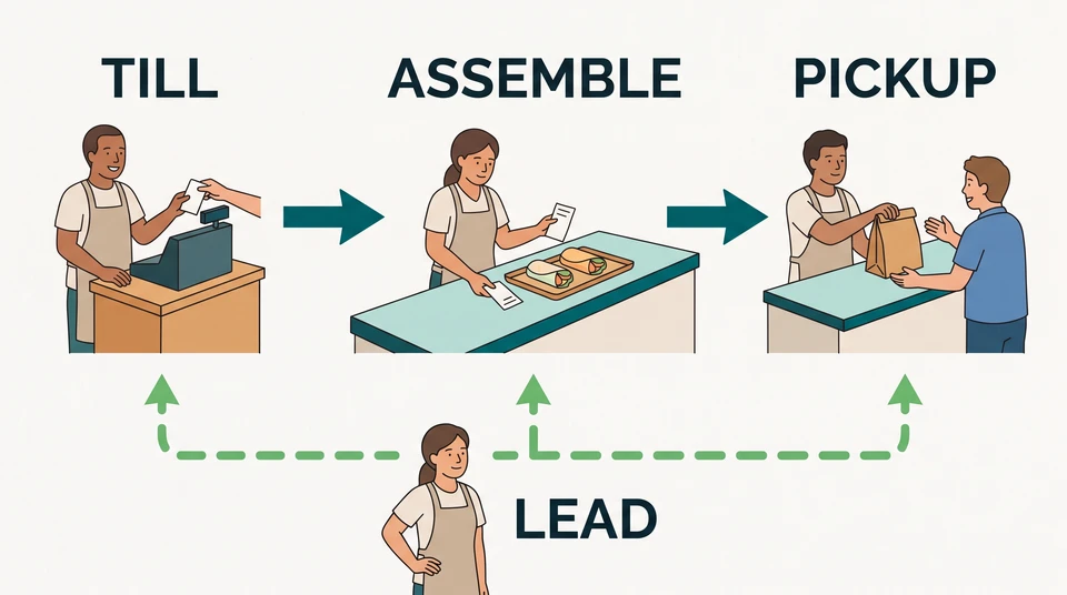A lunch-counter station sketch links till, assembly and pickup, with a separate shift lead connected to the stations for cover.