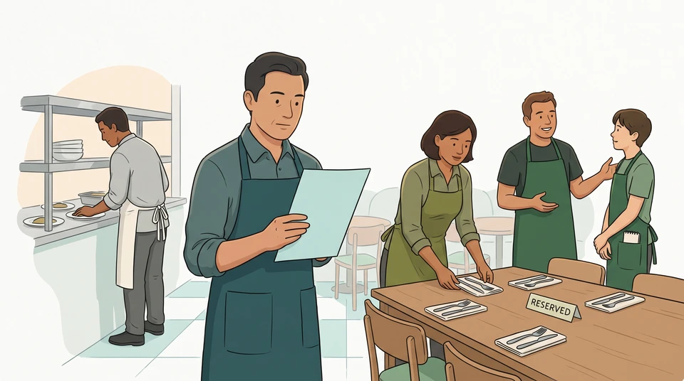 Restaurant scene with a manager holding a paper agenda, a worker setting a reserved table, and a buddy speaking with a new server.