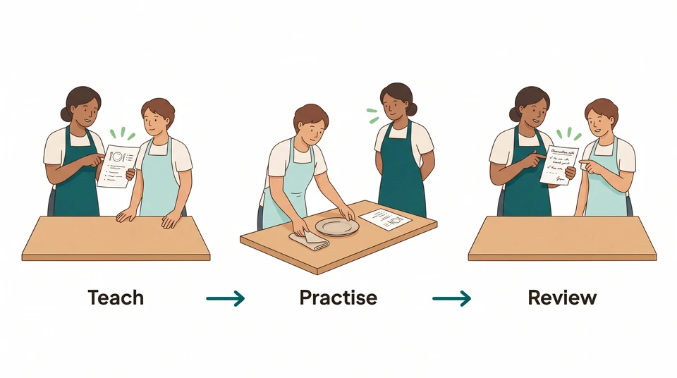 A cafe coach points to a table instruction, watches a learner arrange a place setting, then reviews an observation note with them.