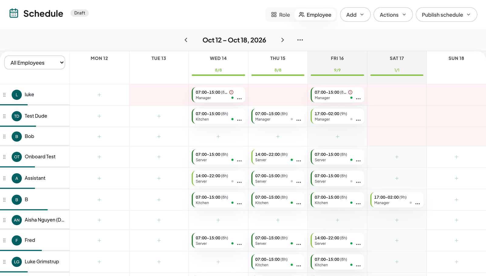 October 12 draft roster with CrewCentral's Publish schedule button.
