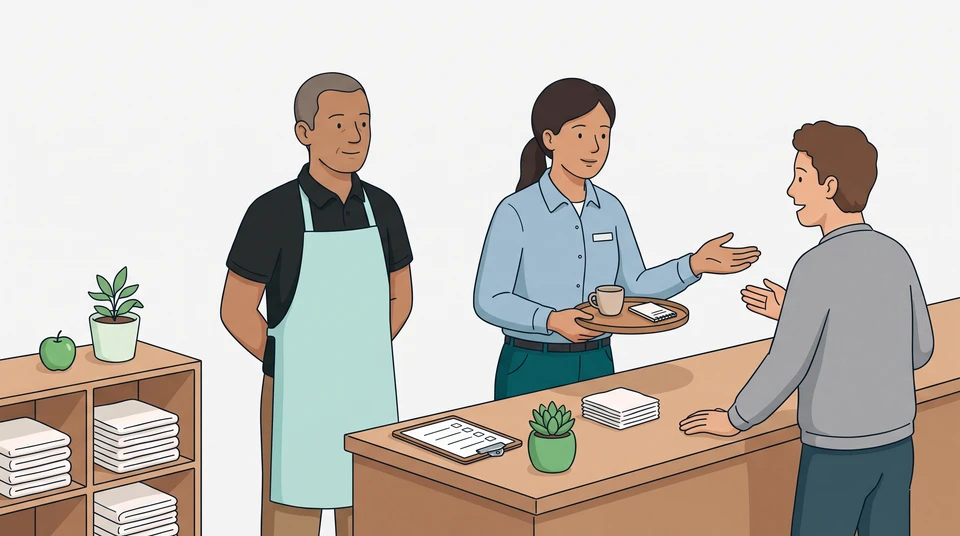 A manager watches a team member rehearse a guest-service handoff at a cafe counter.