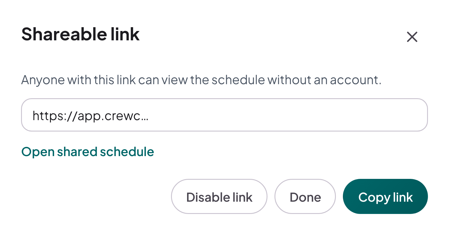Shareable link modal from an already-published roster, with a visually truncated URL and Copy link button