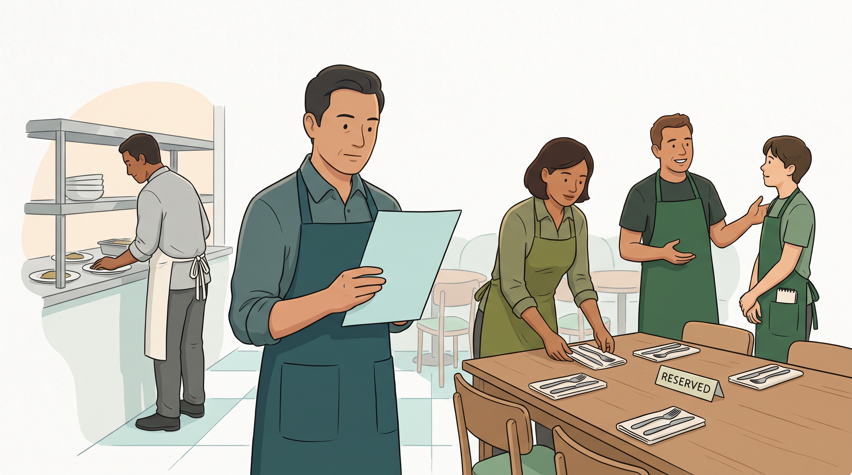 Fictional restaurant scene with a manager holding a paper agenda, a worker setting a reserved table, and a buddy speaking with a new server.