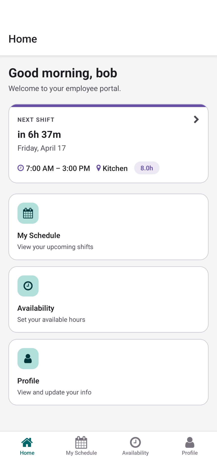 CrewCentral mobile app showing an employee's weekly schedule
