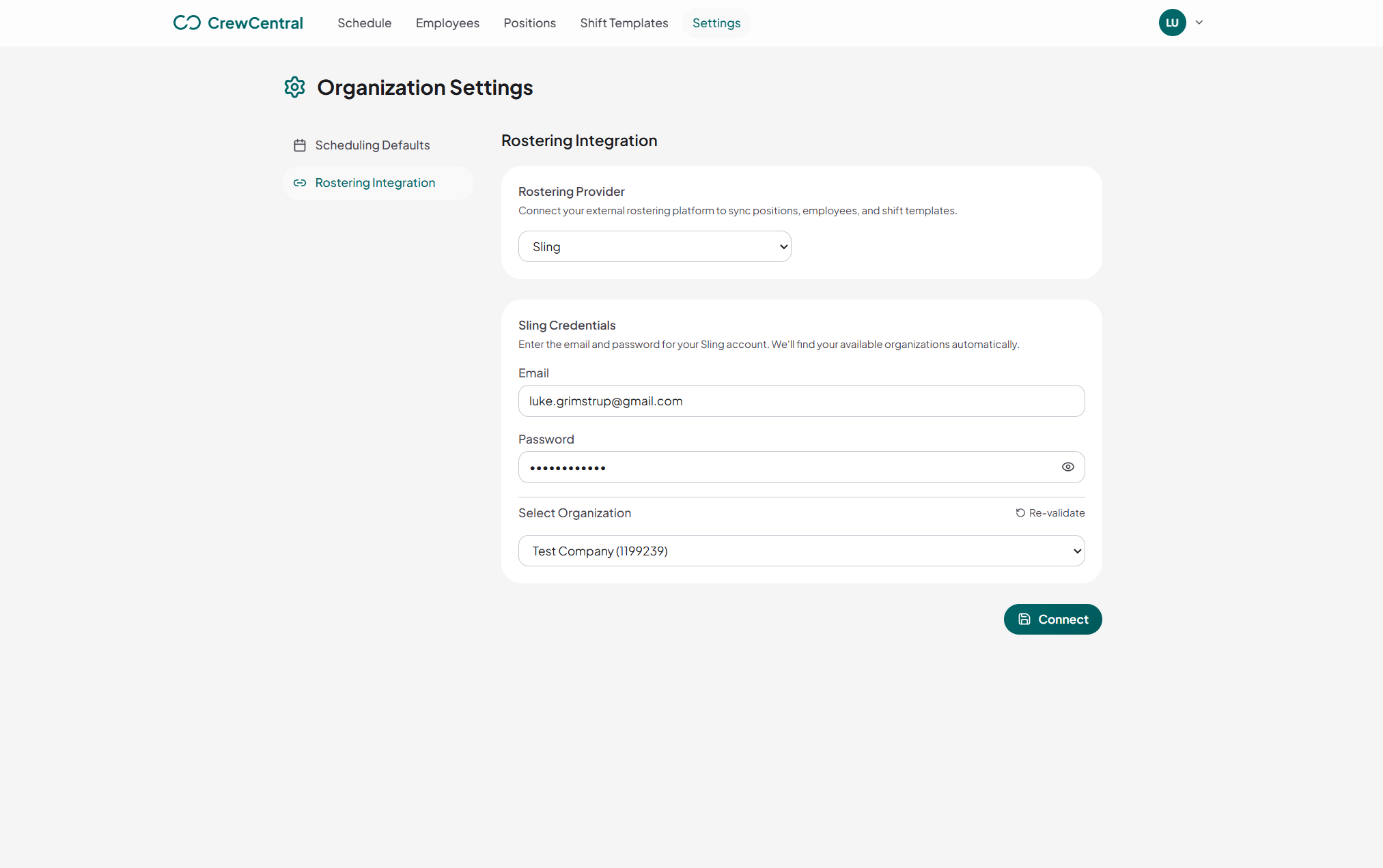 CrewCentral integrations screen showing connected rostering platforms
