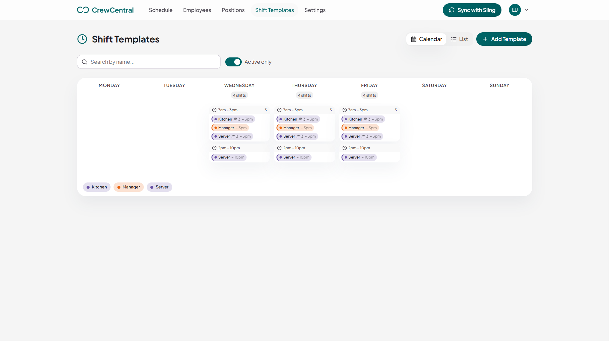 CrewCentral shift templates configuration view